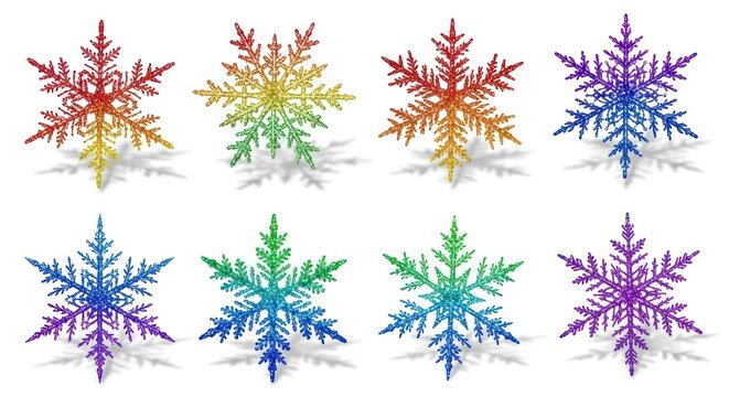 A set of eight colorful snowflakes with rainbow colors on a white background.