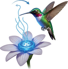 Hummingbird approaching a futuristic flower illustration of nature meeting technology conceptual design