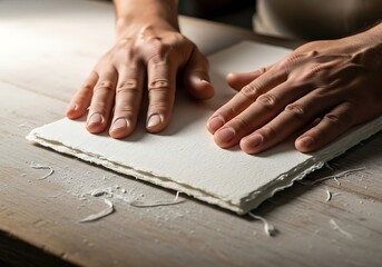 Hands carefully smooth artisanal handmade paper on wooden surface