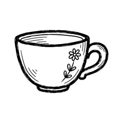 Hand-drawn outline teacup illustration with simple flower doodle art