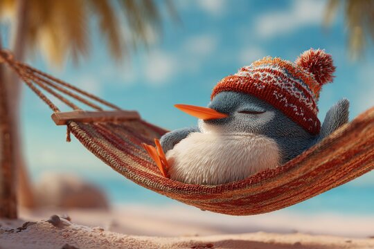 Cute cartoon penguin wearing a knitted hat is peacefully napping in a colorful hammock under palm trees on a sunny beach, embodying relaxation and joy in a tropical setting - Powered by Adobe