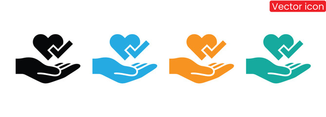 Hand holding heart with check mark symbol for approval and love,Hand and Heart Icon. Vector isolated flat illustration,Vector Heart With Check Mark Icon Set
