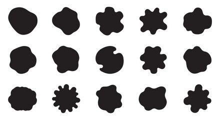 Abstract liquid blob and organic round forms collection with soft wavy curves, irregular oval bubbles, doodle shapes, colourful fluid frames, geometric patterns, three-dimensional elements, smooth