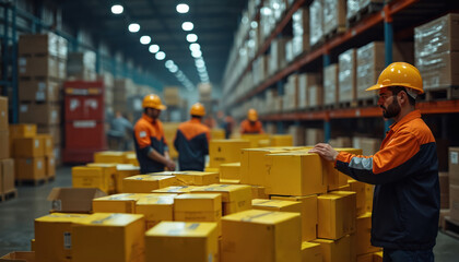 Warehouse workers prepare yellow boxes for shipping. Men wearing safety uniforms, helmets are sorting materials. Logistic professionals organize storage operations at distribution center during work.