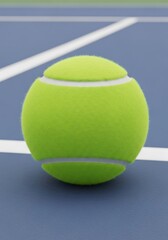 Tennis ball sitting on a blue hard court surface close up view detail