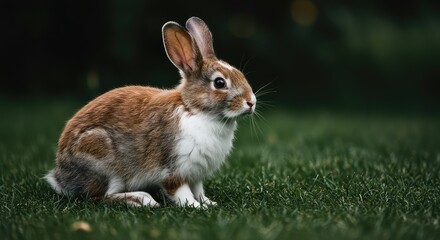 Fototapeta premium A charming spotted brown and white rabbit sits quietly in natural surroundings, exhibiting a gentle and calm demeanor outdoors. This beautiful animal is alert ,herbivore ,creature ,mammal