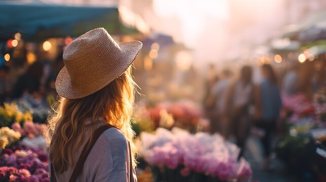 Back view of a woman in a fedora hat exploring a vibrant flower market during a beautiful sunset.