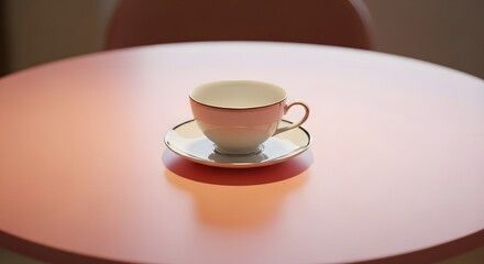 Elegant porcelain teacup and saucer on a pink table