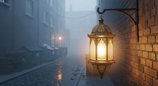 Mysterious foggy street with vintage lantern casting warm glow on brick wall creating cinematic mood