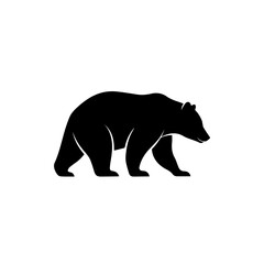 A striking black silhouette of a bear walking, depicted in a simple and bold graphic style.