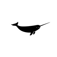 Black silhouette of a narwhal with its distinctive long tusk, swimming horizontally on a white background. © Maulana