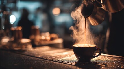 Barista pouring a hot steaming beverage into a dark cup in a cozy cafe.