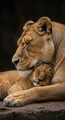 Obraz premium A gentle lioness rests comfortably with her sleepy cub snuggled close against her warm mane, showcasing pure maternal affection and peace ,cozy ,maternal ,savannah