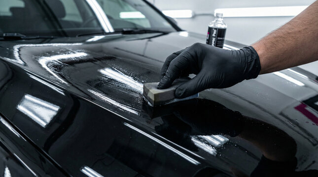 Professional detailer hand in a black glove applying ceramic coating to a shiny black car hood