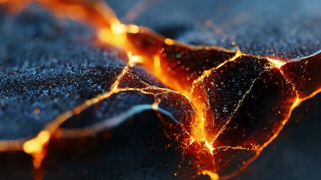 A mesmerizing close-up view captures the dynamic textures and fiery details of molten lava flowing through cracked rock surfaces, showcasing the raw power of volcanic activity.