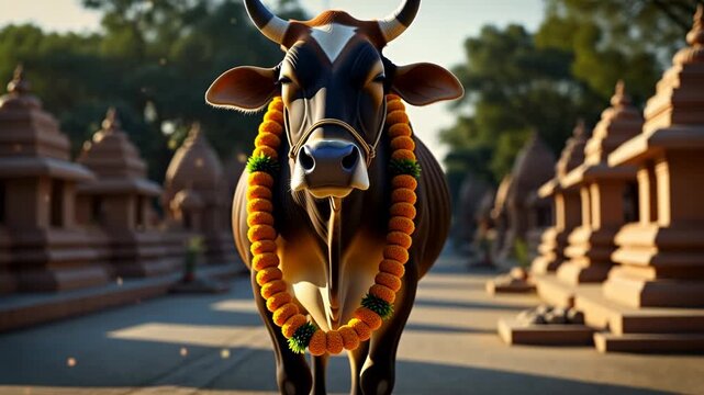 Decorated Cow Standing in Sunlit Temple Courtyard in Rural Northern India 4K