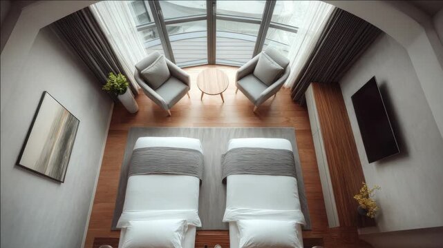 Sleek interior with two beds, lounge chair and flat screen TV.