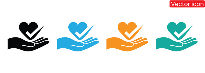 Hand holding heart with check mark symbol for approval and love,Hand and Heart Icon. Vector isolated flat illustration,Vector Heart With Check Mark Icon Set