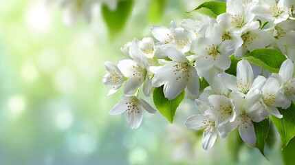 Obraz premium Beautiful blooming white jasmine flowers on a branch in spring.
