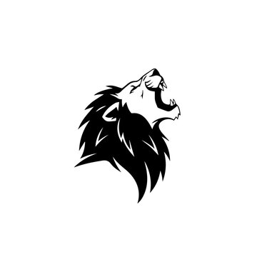 A stylized black and white illustration of a roaring lion's head with a spiky mane.