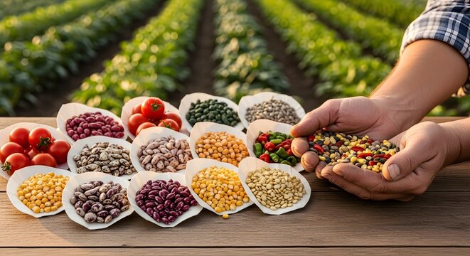 A person showcasing a variety of colorful seeds against a backdrop of a cultivated field. 