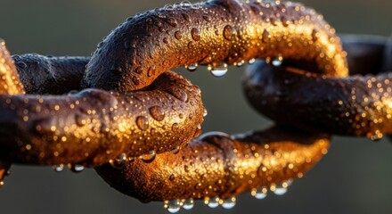 Capture strength and resilience with this detailed shot of a rusty, weathered chain glistening with water