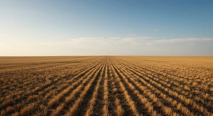 Fototapeta premium A stunning, wide landscape shot showing an immense open field meeting the horizon under a clear sky, symbolizing endless possibility and escape ,escape ,nature ,path