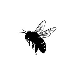 Black silhouette of a honey bee in flight, with detailed wings and striped body, isolated on a white background.