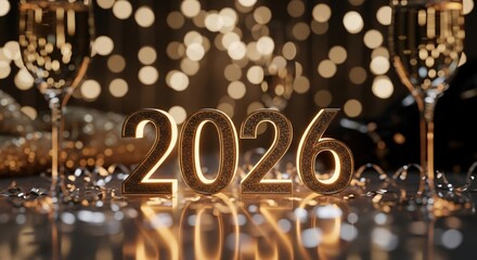 2026 New Year Celebration Glowing Numbers Champagne Glasses Bokeh Background