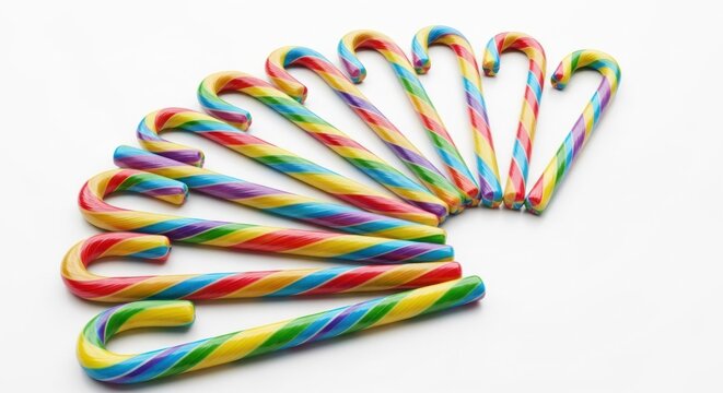 A colorful array of candy canes on a white background.