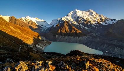 A breathtaking landscape with majestic snow-capped peaks reflecting in a serene turquoise lake, under a brilliant blue sky