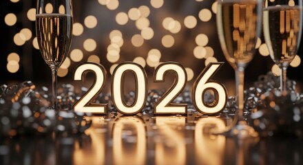 2026 New Year Celebration Glowing Numbers Champagne Glasses Bokeh Background