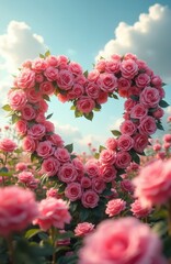 Fototapeta premium Heart shaped roses on flowerbed. Pink roses symbolize love, affection. Sky background. Floral heart for weddings, anniversaries, romantic designs. Mothers day card. Valentine Day greeting card. Love