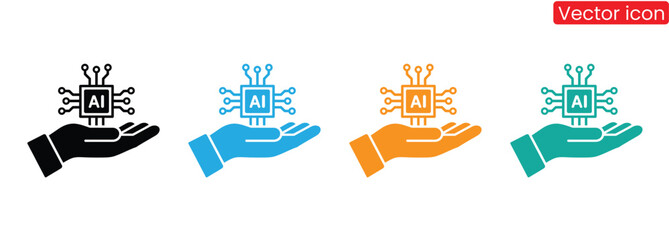 Harness AI power with hands holding tech chipset in vibrant colors,Ai powered icon set flat style collection. Containing machine learning, deep learning, neural network, natural language,