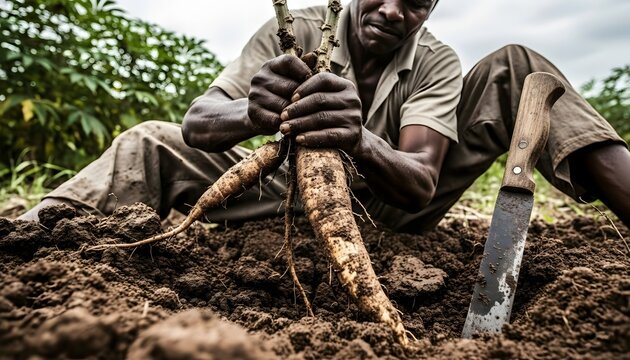An african farmer harvesting cassava roots.
