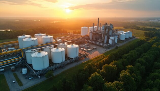 Aerial view of modern industrial plant with many large white storage tanks, complex pipe system. Rich green trees, fields surround industrial facility. Golden hour sunset light illuminates energy,