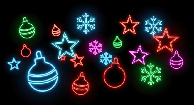 Neon Christmas decorations on a black background. - Powered by Adobe