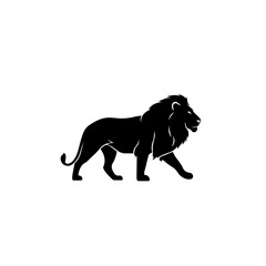 Black silhouette of a majestic lion walking gracefully in profile on a clean white background, symbolizing strength and royalty.