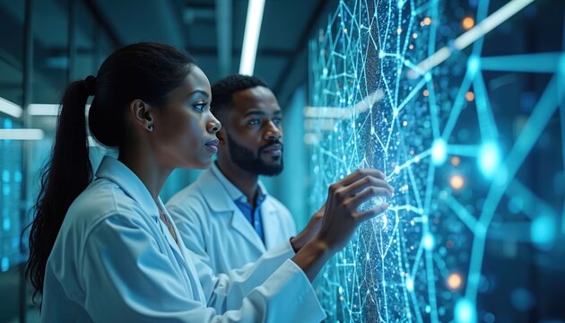 Two scientists in white coats examine glowing digital network interface. Black man, woman work together in futuristic lab, analyze data on virtual screen. People collaborate in modern research - Powered by Adobe