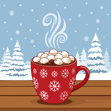 Hot Chocolate Mug with Marshmallows on Wooden Table in Winter Landscape