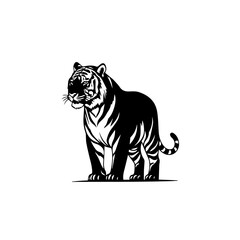 Majestic black and white tiger standing illustration with detailed stripes and powerful stance.