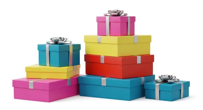 A colorful stack of gift boxes with ribbons on a white background.