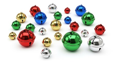A collection of colorful Christmas bells on a white background.
