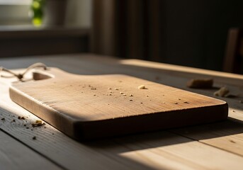 Wooden cutting board with breadcrumbs in sunlight on a kitchen table