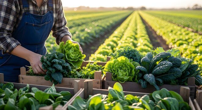 A female farmer harvesting fresh green lettuce from a cultivated field.  - Powered by Adobe