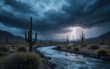 Dramatic Desert Storm Lightning Strikes Over a River in the Arid Landscape Beneath a Moody Sky