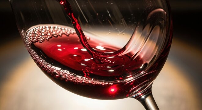Pouring beautiful red wine into a glass creating swirling bubbles and texture ready for celebration