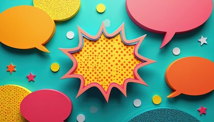 Colorful comic speech bubbles with halftone patterns float on turquoise background. Various shapes and bright primary colors. Message boxes for ideas, dialogue, or thoughts.