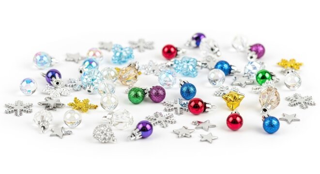 A colorful assortment of Christmas ornaments and decorations on a white background.