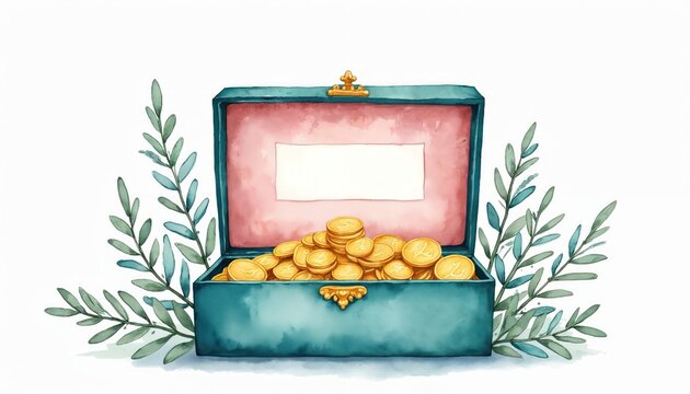 Turquoise jewelry box overflows with gold coins. Green branches frame the decorative treasure chest. Watercolor art offers visual appeal for finance, savings, or vintage themes.
